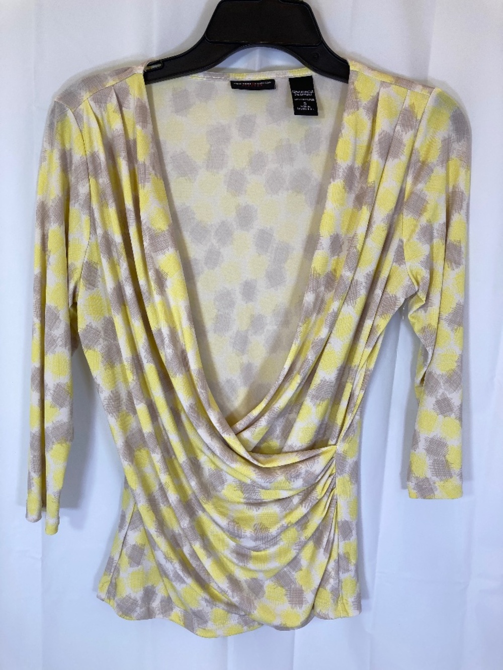 New York & Company Stretch Shirt Sz S Yellow Tan Long Sleeve Faux Wrap